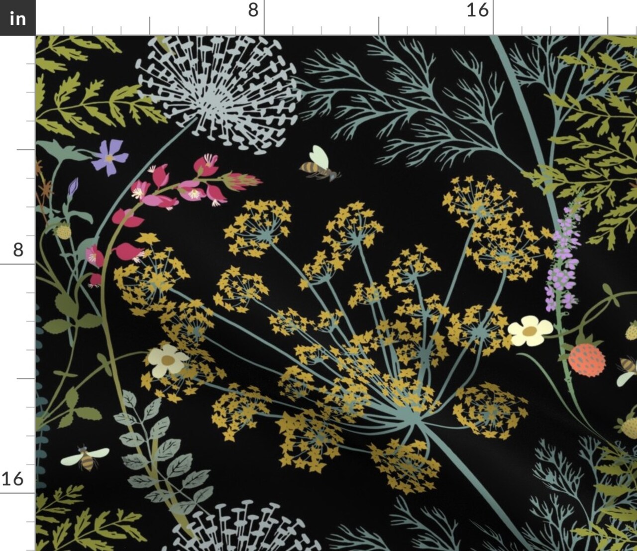Black Jumbo Botanica Black Green Flowers Leaves Floral Nature Plants Garden Bees Botanical Custom Printed Fabric by Spoonflower Various Fabrics by the Yard or Fat Quarter